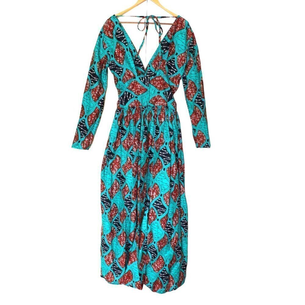Handmade African multicolor Prairie Maxi dress M Tall Long sleeve zip up Tribal - Picture 13 of 13